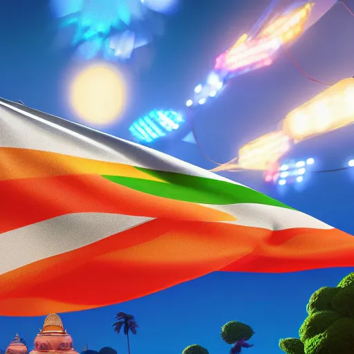 Image similar to indian flag waving, center frame, symmetric, rim light, fabric, electric, soft, concept art, intricate details, cinematic, highly detailed, colorful, photorealistic, disney pixar, octane render, iridescent, anime