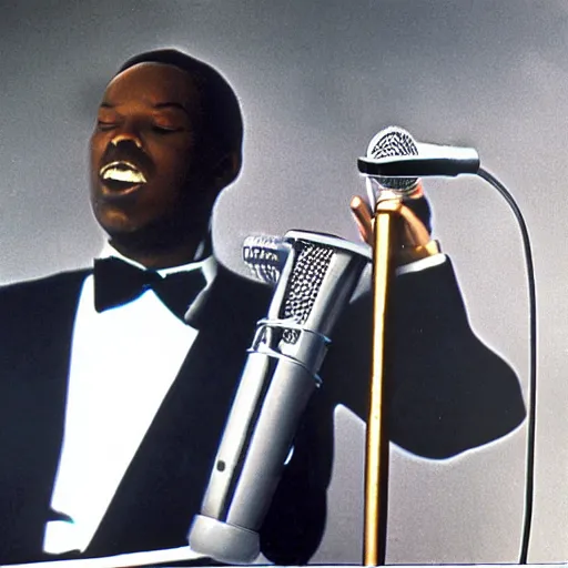 Prompt: a man in a tuxedo singing into a microphone, a colorized photo by Svend Rasmussen Svendsen, dribble, harlem renaissance, 1970s, 1990s, movie still