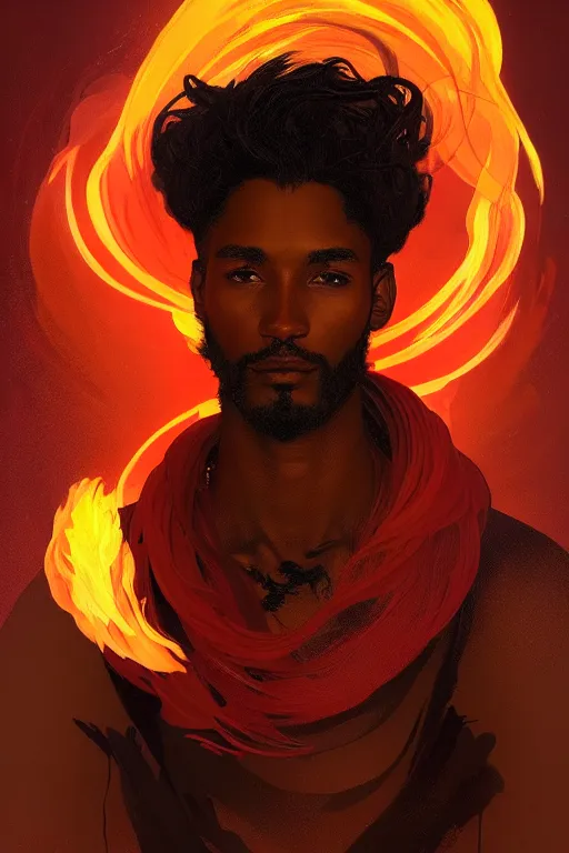Image similar to portrait of a beautiful young fit male spirit with fire hairs and coal black skin, fire halo, by greg rutkowski and alphonse mucha, d & d character, gradient red to yellow, in front of a desert background, highly detailed portrait, digital painting, artstation, concept art, smooth, sharp focus ilustration, artstation hq