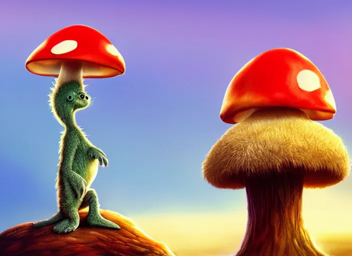 Image similar to a cute dr seuss creature sitting next to a mushroom, golden hour, fantasy, sharp focus, digital art, hyper realistic, 4 k, unreal engine, highly detailed, hd, dramatic lighting by brom, trending on artstation