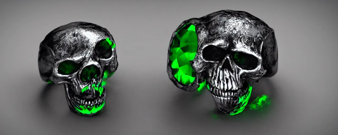 Image similar to simple magic ring of poison, skull, skulls, teeth, green, black, purple. smooth shank, crystals, engravings, product design, jewelry, colorful, art by gerald brom, greg rutkowski and artgerm, photo realism, unreal engine, c 4 d