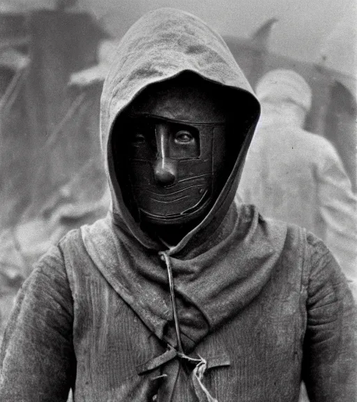 Prompt: a man wearing hooded mask at distance, ww1 film photo, grainy, high detail, high resolution