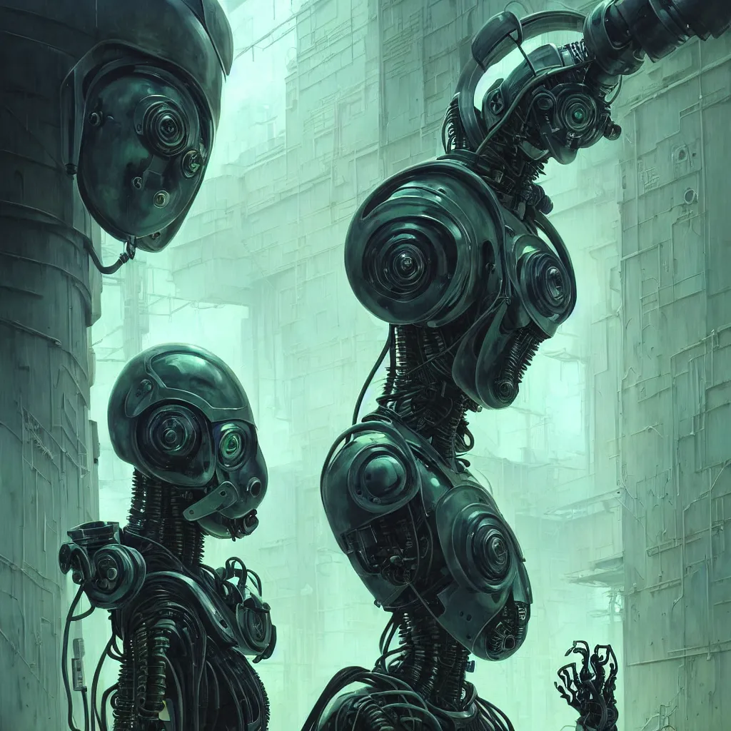 Image similar to low angle shot of a cyberpunk robot character wearing a gazmask in chernobyl, green eyes, intricate, elegant, highly detailed, centered, digital painting, artstation, concept art, smooth, sharp focus, illustration, artgerm, Tomasz Alen Kopera, Peter Mohrbacher, donato giancola, Joseph Christian Leyendecker, WLOP, Boris Vallejo