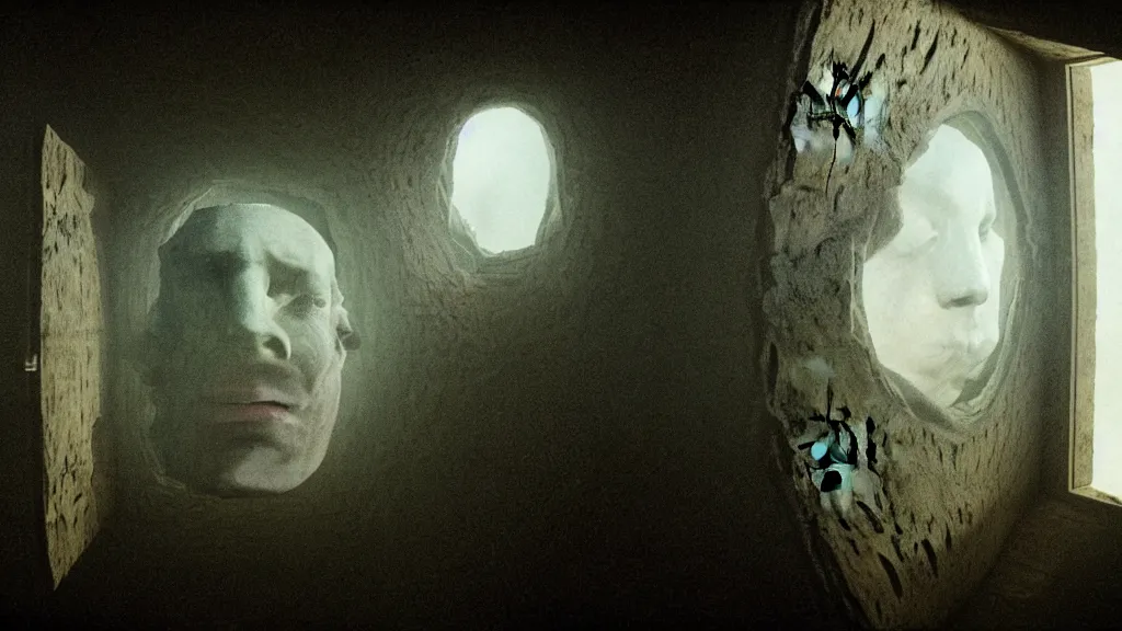 Image similar to the giant head inside the upside down house, film still from the movie directed by denis villeneuve and david cronenberg, with art direction by salvador dali, wide lens