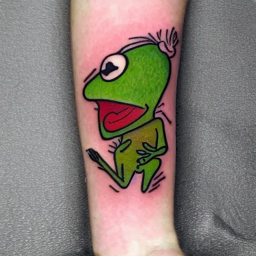Prompt: a tattoo of kermit the frog