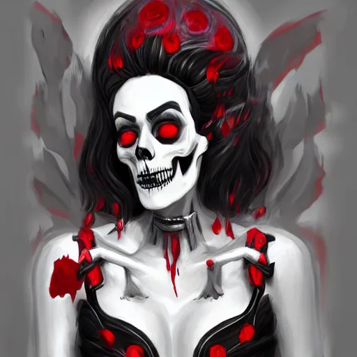 Prompt: Female death. with a red and black diamond skull with the top cut off in her hands. with the top cut off in one hand up to her face like hamlet, kodachrome, high contrast, highly detailed, sharp focus, digital painting, concept art, illustration, trending on artstation,