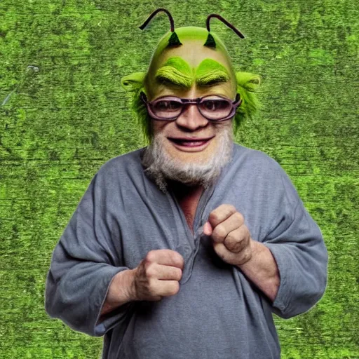 Image similar to Old man dressed in Marijuana leaves, fighting shrek