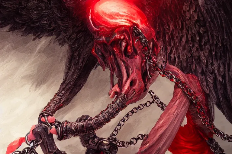 Image similar to lucifer, dark angel, red eyes, chain, handcuffs, large chain, wide open mouth, scream, sad, cruelty, sea bottom, light effect, hyper detailed, elegant, highly detailed, digital painting, artstation, concept art, matte, sharp focus, illustration, by dan mumford, yusuke murata, makoto shinkai, ross tran