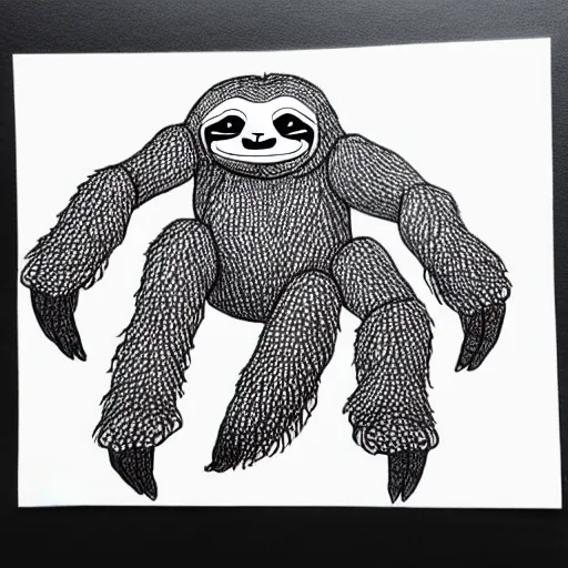 Image similar to sloth with eight arms, drawn with a black 0. 3 mm fineliner on a white paper