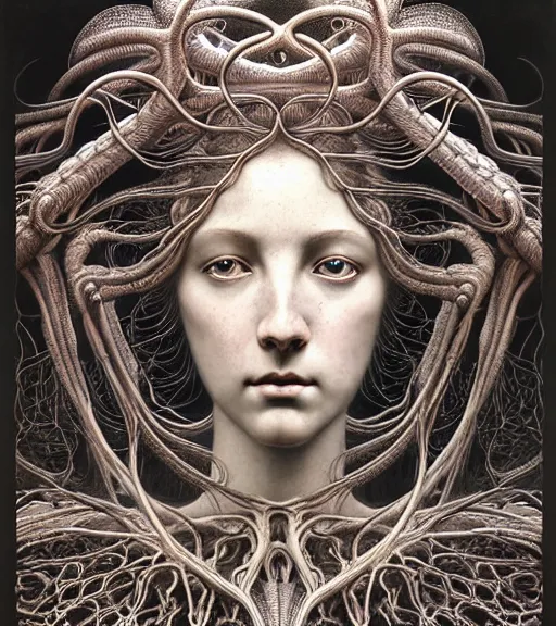 Image similar to detailed realistic beautiful thunder goddess face portrait by jean delville, gustave dore, iris van herpen and marco mazzoni, art forms of nature by ernst haeckel, art nouveau, symbolist, visionary, gothic, neo - gothic, pre - raphaelite, fractal lace, intricate alien botanicals, ai biodiversity, surreality, hyperdetailed ultrasharp octane render