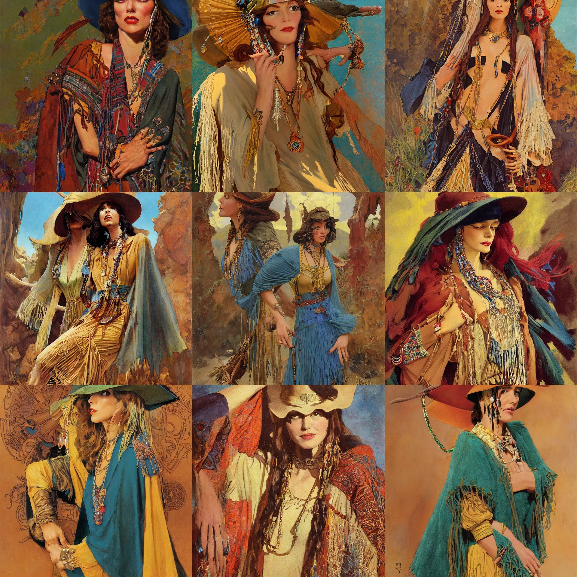 Prompt: pulp art, 1970s hippie cloth style, medieval woman with wooden jewelry, wearing rich jewerly, hat and boho poncho, fantasy character, artwork by Joseph Leyendecker and Hugh Ferriss and gil elvgren and ilya repin and Greg Manchess, illustration, volumetric light, geometric shapes, impressionism, soviet paintings, 3d octane blender render, progressive rock album cover