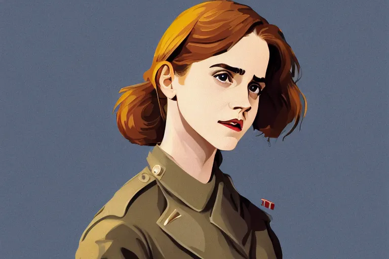 Image similar to Emma Watson in WW2 uniform vector art by moebius and atey ghailan by james gurney by vermeer by George Stubbs full body full body full body full body trending on artstation