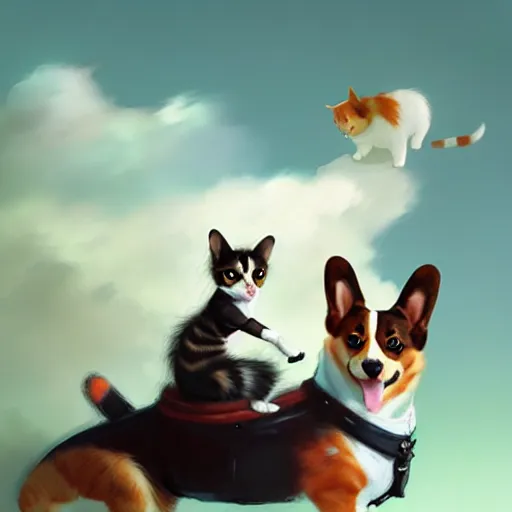 Image similar to tiny cat girl riding on the back of a giant corgi by greg rutkowski