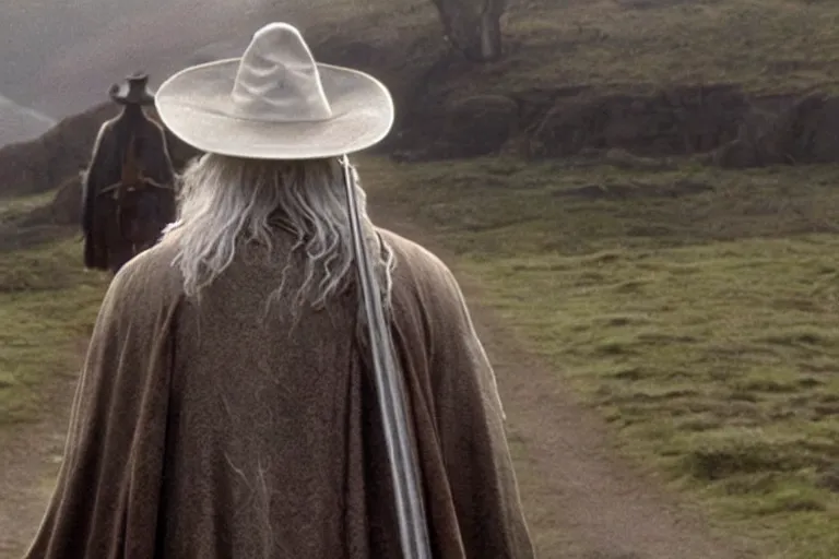 Image similar to Gandalf wearing a cowboy hat, from behind, full body view. Movie still from lord of the rings the fellowship of the ring.