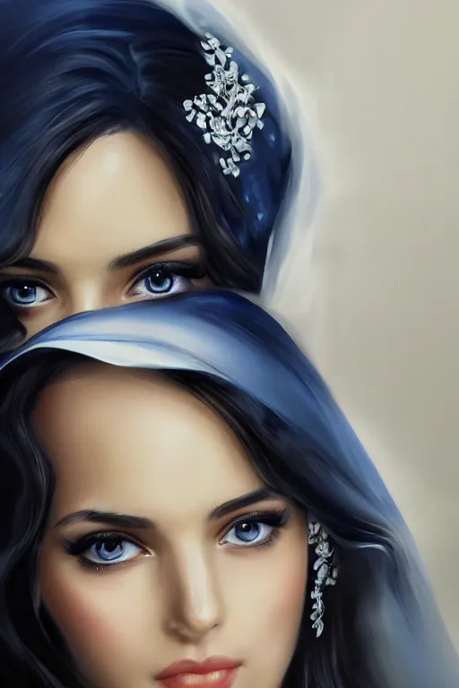 Image similar to Ameera al-Taweel, blue eyes, long wavy black hair, white veil, closeup, focus face, elegant, highly detailed, centered, digital painting, artstation, concept art