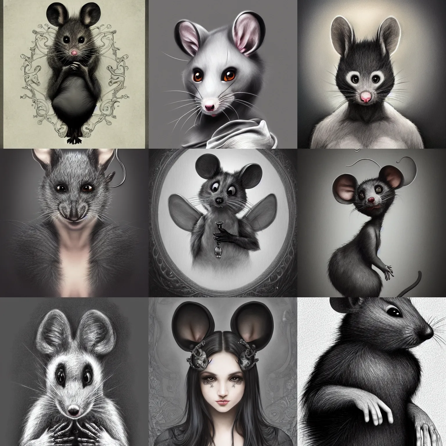 Prompt: a photograpic portrait of a anthropomorphic grey mouse wearing black clothes, black hair, grey skin, grey mouse ears, furry character, fursona, fantasy, intricate, elegant, highly detailed, digital painting, artstation, smooth, sharp focus, illustration, art by artgerm and H R Giger and alphonse mucha