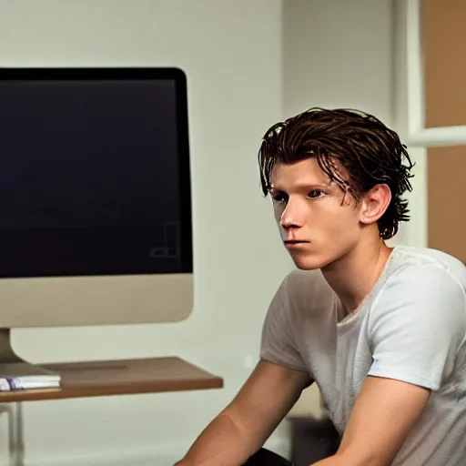 Image similar to tom holland behind a computer in his apartment room during a stormy night, photorealistic, cinematic lighting, highly detailed,