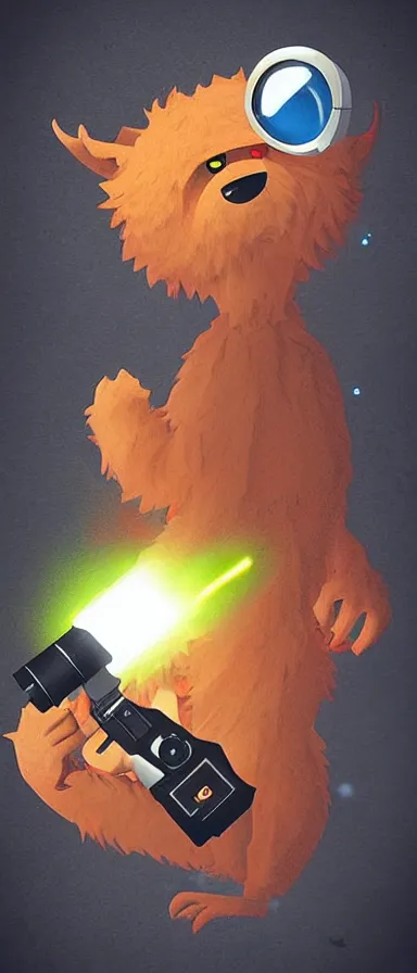 Image similar to “ furry monster character holding laser gun, floating alone, with a black dark background, digital art, award winning, trending on art station ”