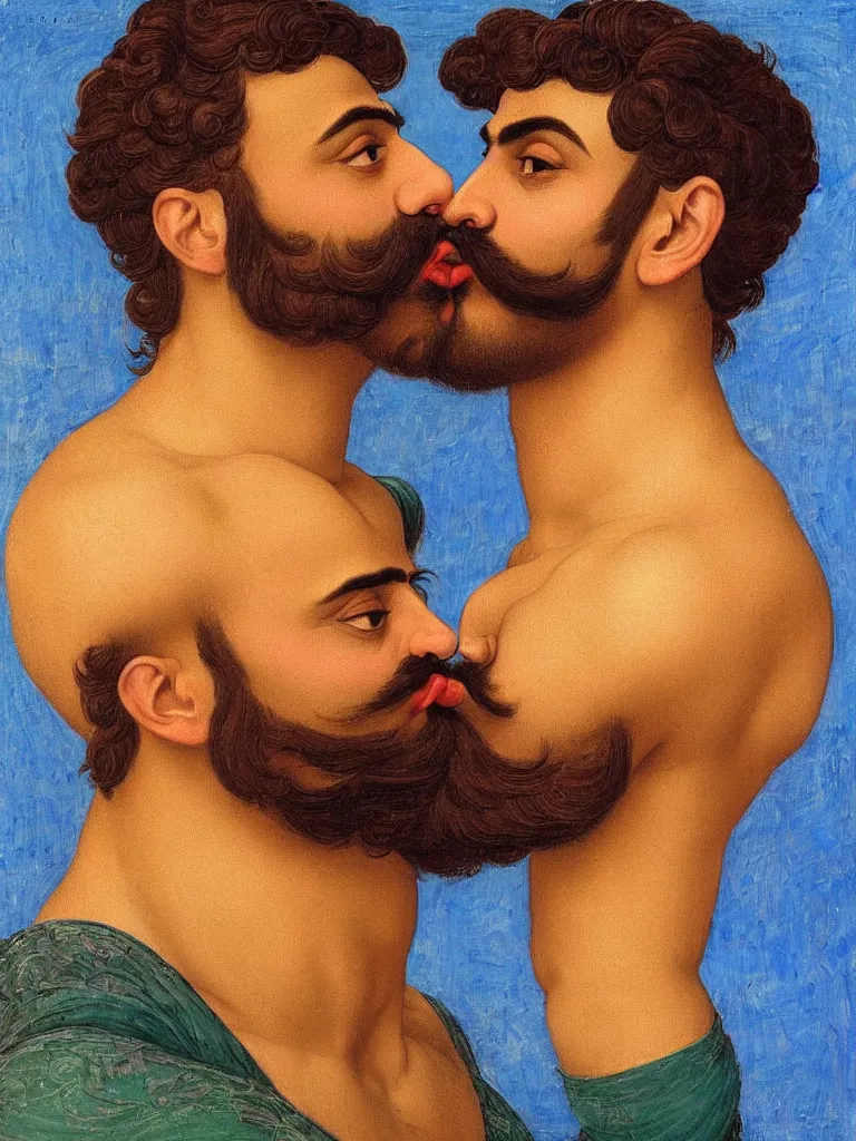Prompt: close up portrait of 20 years old muscular persian iranian wrestlers handsome men with a mustache kiss by victor Nizovtsev and Botticelli