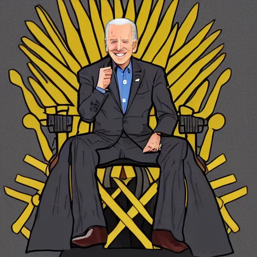 Image similar to joe biden sitting on top of a giant iron throne, a poster by matt bors, trending on reddit, sots art, official art, glorious, epic