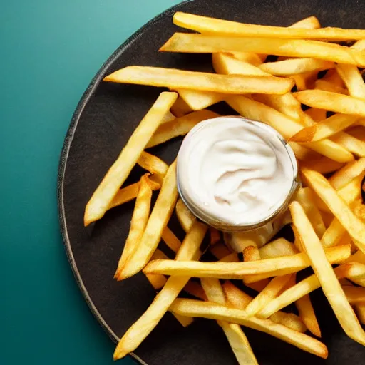 Image similar to photo of french fries with mayo on the side in the style of maximalism, product photo