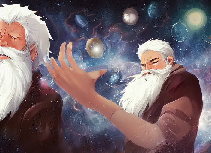 Prompt: god creating the universe, anime artstation, white beard, white hair, white cloth