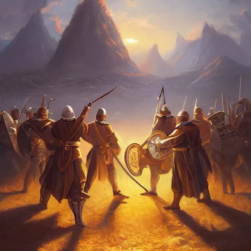 Prompt: an epic painting of the crusaders order of beer lovers, , oil on canvas, golden hour, beautiful detailed, photorealistic, digital painting, artstation, concept art, smooth, sharp focus, illustration, fantasy background, artstation trending, octane render, unreal engine