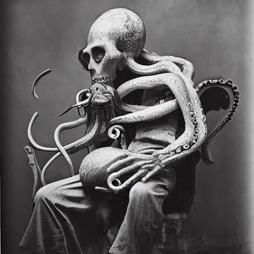 Image similar to spooky old man with an octopus on his lap, vintage photograph, atmospheric