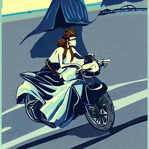 Image similar to beautiful female ninja riding a motorcycle on the highway, big clouds, vaporwave, illustration