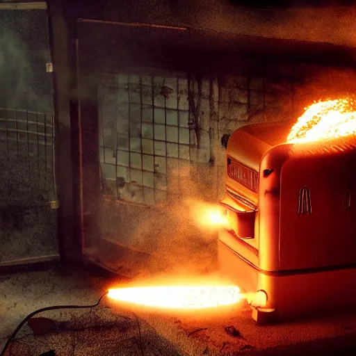 Image similar to soldier with toaster oven augmentation, dark messy smoke - filled cluttered workshop, dark, dramatic lighting, orange tint, sparks, cinematic, highly detailed, sci - fi, futuristic, movie still