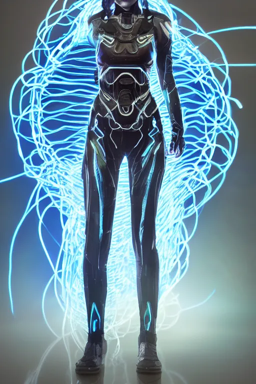 Prompt: summer glau as cortana from halo, transparent glowing digital body, complex wires and circuits