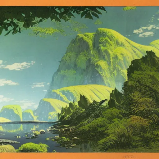 Image similar to painting of a lush natural scene on an alien planet by hiroshi yoshida. beautiful landscape. weird vegetation. cliffs and water.