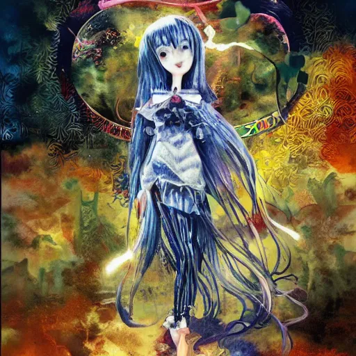 Prompt: yoshitaka amano realistic illustration of a sinister anime girl with big eyes and long wavy blue hair wearing dress suit with tie and surrounded by abstract junji ito style patterns in the background, blurred and dreamy illustration, noisy film grain effect, highly detailed, oil painting with expressive brush strokes