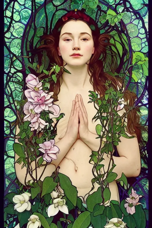 Image similar to a goddess of magnolias, queen of the garden!!, meditating in nature!!!! with a beautiful symmetrical face!!! cinematic lightning, isolated, studio lighting by alphonse mucha and tom bagshaw