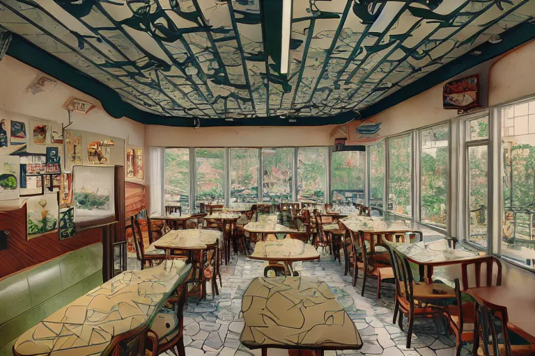 Image similar to 1 9 9 2 frog themed diner, tables repeat into the horizon, frogcore, one point perspective, americana, restaurant interior photography, 5 5 mm