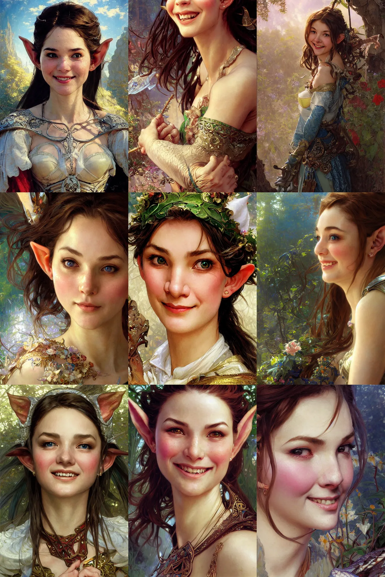 Prompt: closeup hyper-realistic portrait of beautiful high-fantasy elf girl smiling alluringly, intricate details, rule of thirds, by Stanley Artgerm Lau, by greg rutkowski, by thomas kindkade, by alphonse mucha, loish, by norman rockwell J.