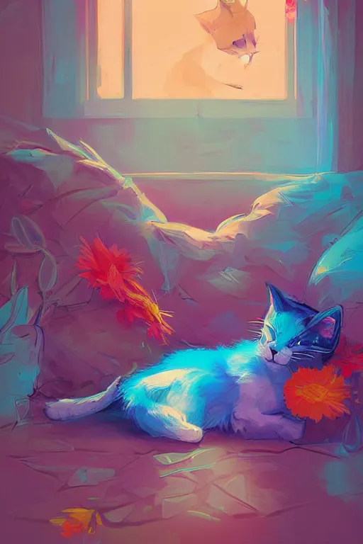 Image similar to a digital art of a cat sleeping in the room with flowers around in the afternoon, the sun shines in, animal, light effect, highly detailed, by anton fadeev