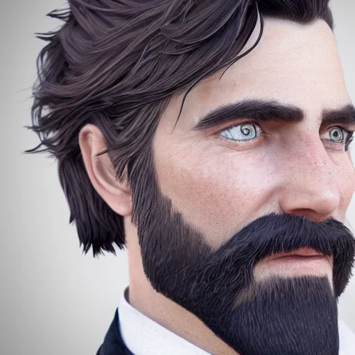Image similar to a highly detailed portrait of a man, with a brown short beard and hair, blue eyes, wearing a tuxedo, artstation, deviantart, professional, unreal engine 5, photorealistic