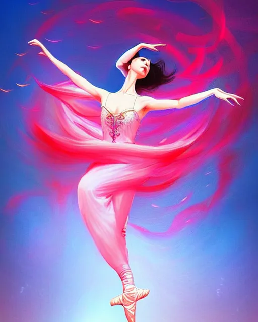 Image similar to beautiful arab woman as a ballerina, floating in mid - air, long flowing fabric, haunting, dancer, flowers, rain, lightning, storm, digital painting, illustration by james jean and tinothy kong and artgerm, volumetric lighting, realism, artstation