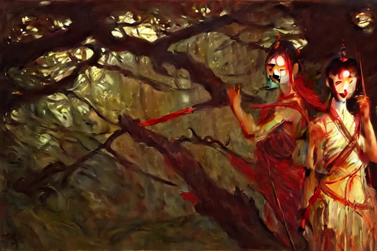 Image similar to wuxia, forest, neon light, painting by gaston bussiere, craig mullins, j. c. leyendecker