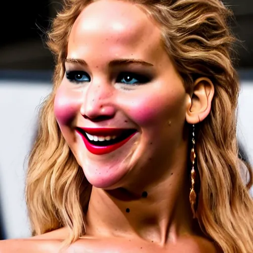 Image similar to beautiful hyperrealism hyperdetailed candid portrait of jennifer lawrence smiling widely in happy disbelief because of a marriage proposal from jennifer lawrence, flushed face, red blush, puffy lips, soft features, 8 k, sharp focus, golden hour, beach setting