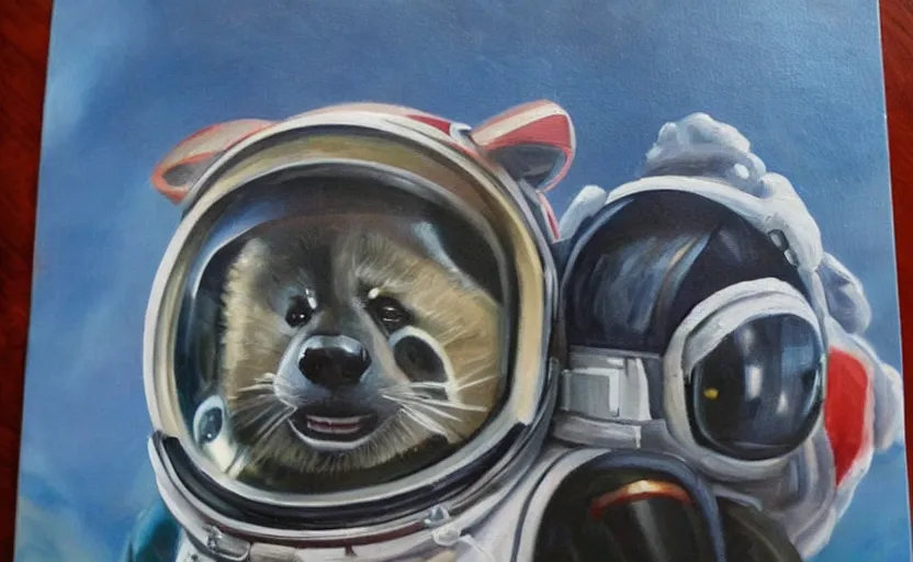 Image similar to oil painting of a racoon in a astronaut suit with helmet, 35mm, photo, Epic, cinematic