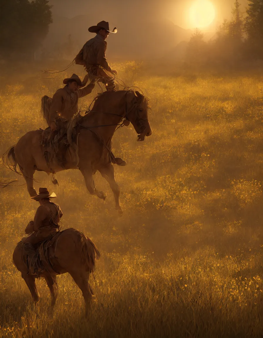 Image similar to a cowboy turning into blooms in real life, volumetric lighting, beautiful, golden hour, sharp focus, ultra detailed, cgsociety by leesha hannigan, ross tran, thierry doizon, kai carpenter, ignacio fernandez rios, noir art house, 4 k, 3 5 mm, fujifilm