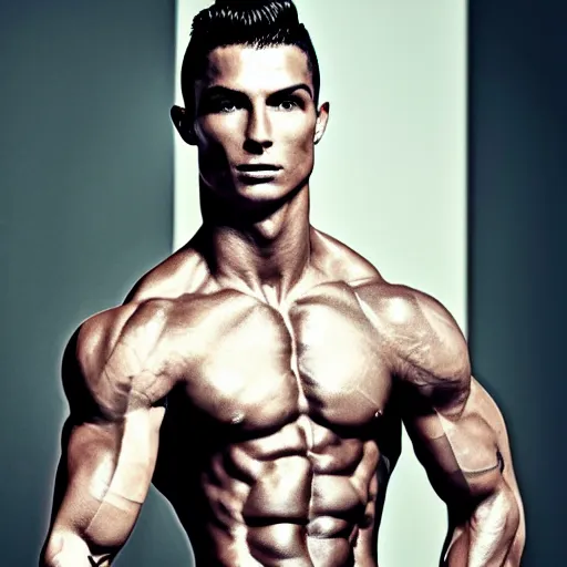 Image similar to a realistic detailed photo of a male fitness model who is also a male android, cristiano ronaldo, shiny skin, posing robotically, blank stare