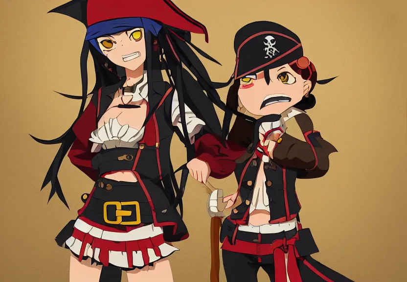 Image similar to wide angle perspective of a female pirate, centered, single subject, a thrifty uniform, somewhat of an anime in pixar style, trending artwork, made with anime painter studio, by pixar and an anime artist, collaboration