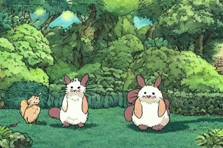 Prompt: cute fluffy creatures in the cabbage garden by studio ghibli