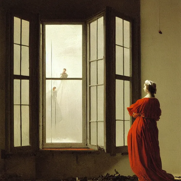 Prompt: painting of a broken window with a beautiful white woman on the outside by caspar david friedrich