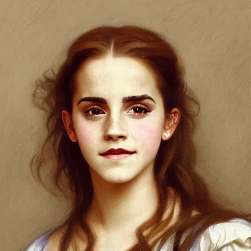 Image similar to painting of emma watson as hermione granger. smiling. happy. cheerful. art by william adolphe bouguereau. extremely detailed. beautiful. 8 k. award winning.