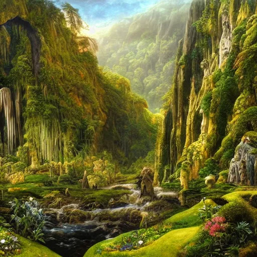 Prompt: a beautiful and highly detailed oil painting of a lush valley deep in the mountains, lush plant growth, tall grass, a clear mountain stream, flowers, carved stone, intricate details, epic scale, insanely complex, rivendell, 8 k, sharp focus, hyper realism, fantasy landscape, psychedelic, by caspar friedrich and brian froud,