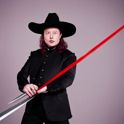 Prompt: photo of elon musk as a musketeer, he has a big black hat with a red feather, he is holding a shiny rapier sword, he is posing and looking straight to the camera, brown background, studio lighting, 4 k, 8 k